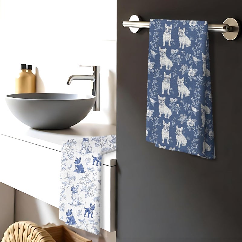 Nipil Chinoiserie French Bulldog Kitchen Towels, Blue and White Floral Botanical Grandmillennial Dog Decor Dish Tea Towels, French Bulldog Gifts Hand Towels for Kitchen Bathroom, 16x24 Inch - Image 4